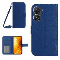 Per Asus ZenFone 9 Skin Feel Sun Flower Pattern Flip Custodia in pelle per telefono con cordino (blu scuro)