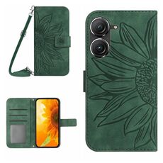 Per Asus ZenFone 9 Skin Feel Sun Flower Pattern Flip Custodia in pelle per telefono con cordino (verde)