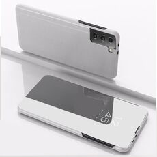 Per Samsung Galaxy S23 + Custodia per telefono in pelle a specchio placcata 5G con supporto (argento)