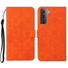 Per Samsung Galaxy S23 5G Custodia per telefono in pelle con motivo goffrato in stile etnico (arancione)