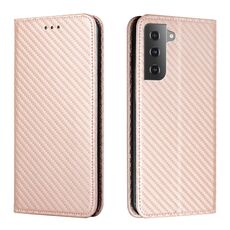 Per Samsung Galaxy S23 + 5G Custodia per cellulare in pelle magnetica con struttura in fibra di carbonio (oro rosa)