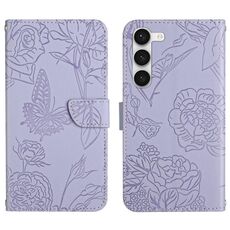Per Samsung Galaxy S23 + 5G HT03 Custodia per telefono in pelle con vibrazione in rilievo a forma di farfalla (viola)