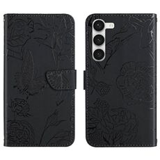 Per Samsung Galaxy S23 + 5G HT03 Custodia per telefono in pelle con vibrazione in rilievo a forma di farfalla (nero)