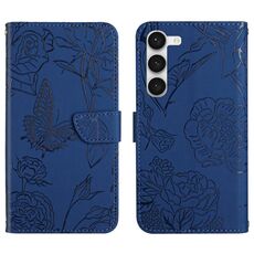 Per Samsung Galaxy S23 + 5G HT03 Custodia per telefono in pelle con vibrazione in rilievo a forma di farfalla (blu)