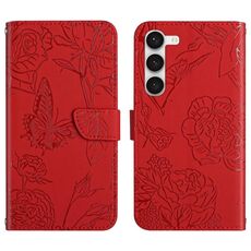 Per Samsung Galaxy S23 + 5G HT03 Custodia per telefono in pelle con vibrazione in rilievo a forma di farfalla (rosso)
