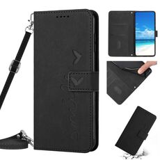 Per Samsung Galaxy S23 5G Skin Feel Custodia per telefono in pelle con motivo a cuore con cordino (nero)