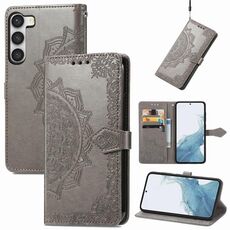 Per Samsung Galaxy S23 Plus 5G Custodia per telefono in pelle goffrata con fiore mandala (grigio)
