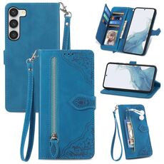 Per Samsung Galaxy S23 Plus 5G Custodia in pelle con cerniera floreale in rilievo (blu)