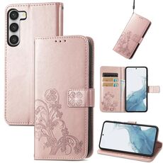 Per Samsung Galaxy S23 + 5G Custodia per telefono in pelle con fibbia in rilievo a quattro foglie (oro rosa)
