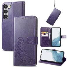 Per Samsung Galaxy S23 + 5G Custodia per telefono in pelle con fibbia in rilievo a quattro foglie (viola)