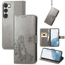 Per Samsung Galaxy S23 + 5G Custodia per telefono in pelle con fibbia in rilievo a quattro foglie (grigio)