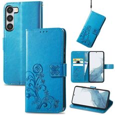 Per Samsung Galaxy S23 + 5G Custodia per telefono in pelle con fibbia in rilievo a quattro foglie (blu)