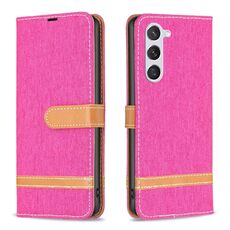 Per Samsung Galaxy S23 5G Color Block Denim Texture Custodia per telefono in pelle (rosa rossa)