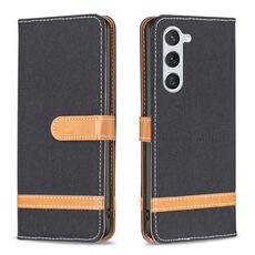 Per Samsung Galaxy S23 5G Color Block Denim Texture Custodia per telefono in pelle (nero)