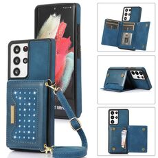 Per Samsung Galaxy S21 Custodia per telefono in pelle RFID ultra tripla con cordino (blu)