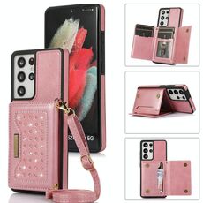 Per Samsung Galaxy S21 Custodia per telefono in pelle RFID ultra tripla con cordino (oro rosa)