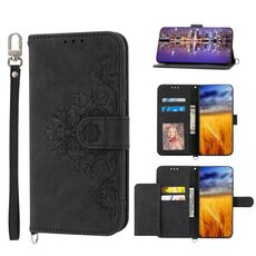 Per Samsung Galaxy S23+ Custodia per telefono in pelle con fiori goffrati effetto pelle (nero)