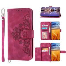 Per Samsung Galaxy S23+ Custodia per telefono in pelle con fiori goffrati effetto pelle (rosso vino)
