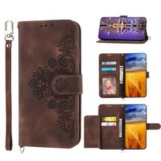 Per Samsung Galaxy S23+ Custodia per telefono in pelle con fiori goffrati effetto pelle (marrone)