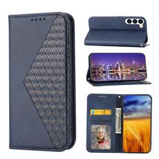 Custodia in pelle magnetica per Samsung Galaxy S23 5G Cubic Grid Calf Texture (blu)