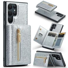 Per Samsung Galaxy S22 Ultra 5G DG.MING M3 Series Custodia in pelle con custodia in polvere glitterata (argento)
