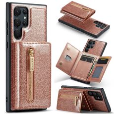 Custodia in pelle per Samsung Galaxy S22 Ultra 5G DG.MING serie M3 con glitter polvere (oro rosa)