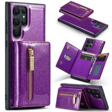 Custodia in pelle per Samsung Galaxy S22 Ultra 5G DG.MING serie M3 con glitter in polvere (viola scuro)