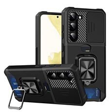Per Samsung Galaxy S23 + 5G Custodia per telefono con schermo scorrevole con supporto ad anello e slot per schede (nero)