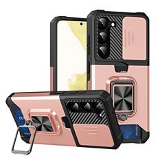 Per Samsung Galaxy S23+ 5G Custodia scorrevole per telefono camshield con supporto ad anello e slot per schede (oro rosa)