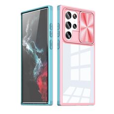 Per Samsung Galaxy S22 Ultra 5G Custodia per telefono con camshield scorrevole a copertura totale a 360 gradi (rosa + blu)