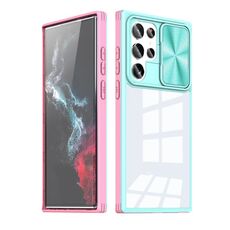 Per Samsung Galaxy S22 Ultra 5G Custodia per telefono con camshield scorrevole a copertura totale a 360 gradi (cielo blu + rosa)