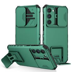 Per Samsung Galaxy S23+ 5G Supporto stereoscopico Custodia per telefono con camshield scorrevole (verde scuro)