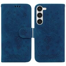 Per Samsung Galaxy S23+ 5G Custodia in pelle goffrata farfalla rosa (blu)