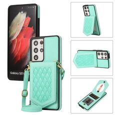 Per Samsung Galaxy S21 Ultra 5G Custodia per telefono RFID a trama rombica con cordino e specchio (verde menta)
