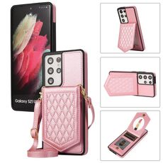 Per Samsung Galaxy S21 Ultra 5G Custodia per telefono RFID a trama rombica con cordino e specchio (oro rosa)