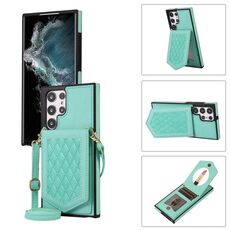 Per Samsung Galaxy S22 Ultra 5G Custodia per telefono RFID con trama rombica con cordino e specchio (verde menta)
