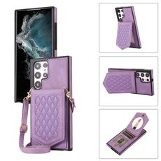 Per Samsung Galaxy S22 Ultra 5G Custodia per telefono RFID a trama rombica con cordino e specchio (viola)