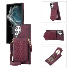 Per Samsung Galaxy S22 Ultra 5G Custodia per telefono RFID con trama rombica con cordino e specchio (rosso vino)