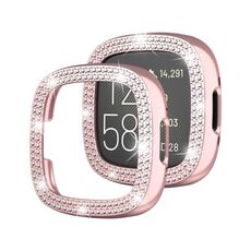 Per Fitbit Versa 4 Cassa dell'orologio scavata con galvanica in tinta unita a doppia fila di diamanti (rosa)