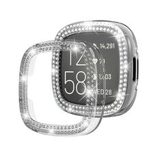 Per Fitbit Versa 4 Cassa dell'orologio scavata con placcatura elettrolitica in tinta unita con diamanti a doppia fila (trasparente)