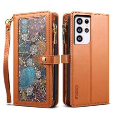 Per Samsung Galaxy S21 Ultra 5G ESEBLE Star Series Lanyard Zipper Wallet Custodia in pelle RFID (marrone)