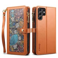 Per Samsung Galaxy S22 Ultra 5G ESEBLE Star Series Lanyard Zipper Wallet Custodia in pelle RFID (marrone)