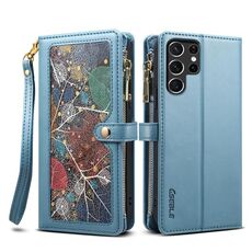Per Samsung Galaxy S22 Ultra 5G ESEBLE Star Series Lanyard Zipper Wallet Custodia in pelle RFID (blu)