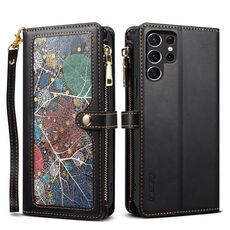 Per Samsung Galaxy S22 Ultra 5G ESEBLE Star Series Lanyard Zipper Wallet Custodia in pelle RFID (nero)