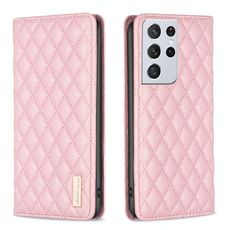 Per Samsung Galaxy S21 Ultra 5G Diamond Lattice Custodia per cellulare magnetica in pelle (rosa)