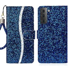 Per Samsung Galaxy S23 5G Custodia per telefono in pelle con polvere glitterata (blu)