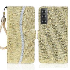 Per Samsung Galaxy S23 5G Custodia per telefono in pelle con polvere glitterata (oro)