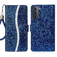 Per Samsung Galaxy S23 + 5G Custodia per telefono in pelle con polvere glitterata (blu)