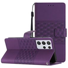 Per Samsung Galaxy S21 Ultra 5G Custodia per telefono in pelle con effetto pelle goffrata a diamante con cordino (viola)