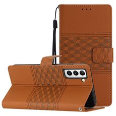 Per Samsung Galaxy S22+ 5G Custodia per telefono in pelle con effetto pelle goffrata a diamante con cordino (marrone)